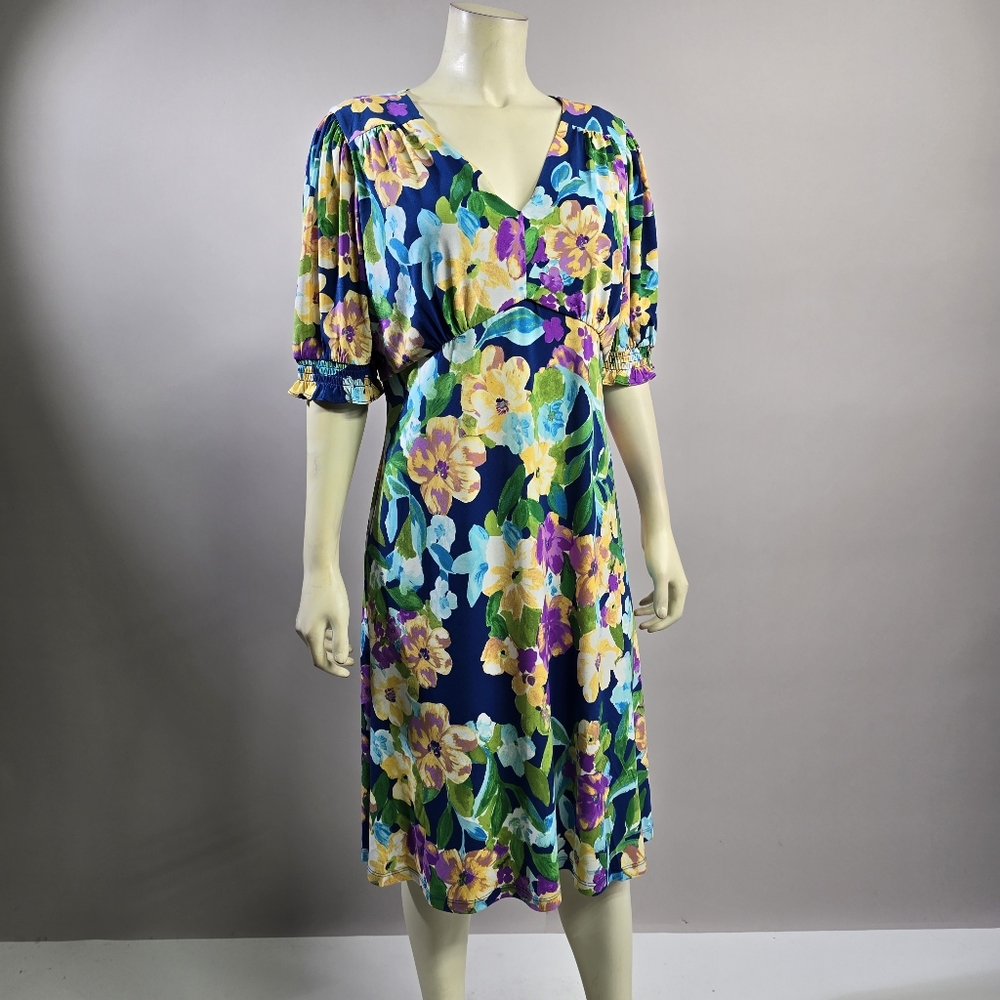 Maggy London Navy Floral Midi Dress with Yellow & Purple Blooms